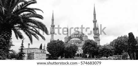 Blue Mosque in Sultanahmet in Istanbul, Turkey. Monochromatic picture. More than 32 million tourists visit Turkey each year.The Sultan Ahmed Mosque continues to function as a mosque today