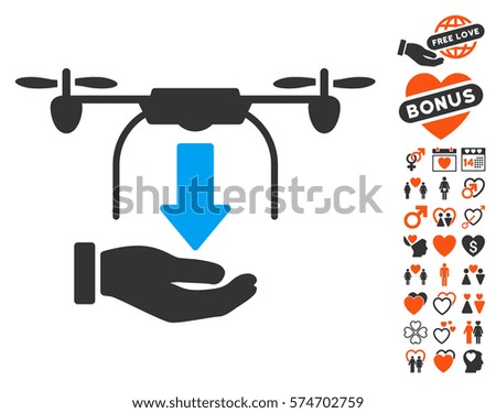 Unload Drone Hand pictograph with bonus amour clip art. Vector illustration style is flat iconic elements for web design, app user interfaces.