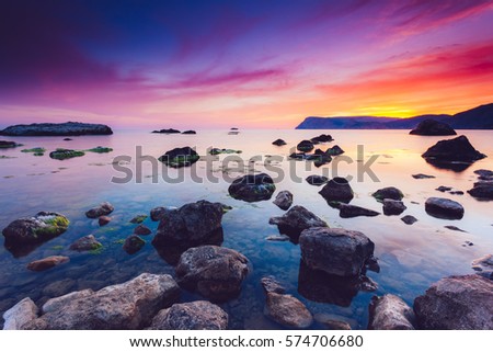 Spectacular Black Sea in the evening light. Picturesque and gorgeous scene. Location place Crimea, Ukraine, Europe. The famous seaside resort of Balaklava. Artistic picture. Beauty world.