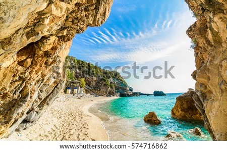 Beautiful view over the sea beach in Corfu island, Pelion, Mylopotamos, Greece Royalty-Free Stock Photo #574716862