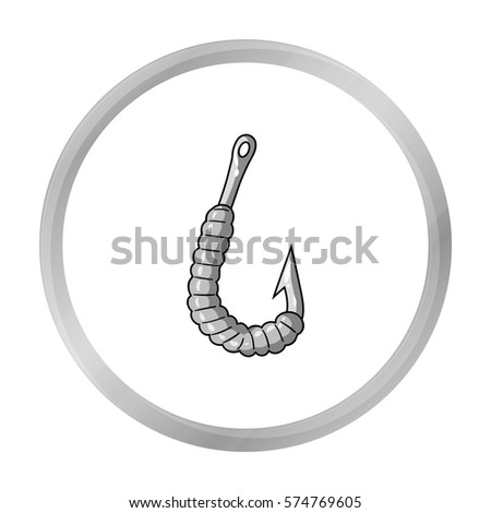 Worm on a hook icon in monochrome style isolated on white background. Fishing symbol stock vector illustration.