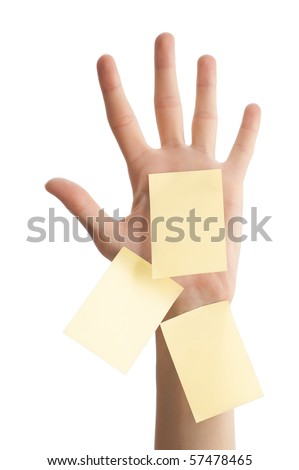 female hand with three sticky office notes isolated on white background . Notes are blank and yellow