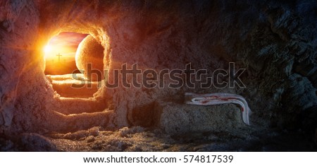 Tomb Empty With Crucifixion At Sunrise - Resurrection Of Jesus
 Royalty-Free Stock Photo #574817539