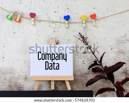 Company Data - words on canvas with stand. rustic wooden background