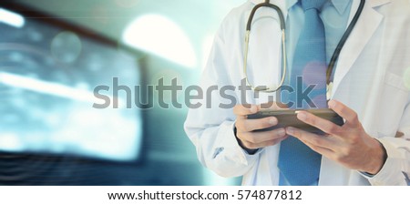 Doctor hands with mobile phone. Male doctor in white coat is using a modern smartphone device with touch screen.