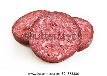 Slices of sucuk (sujuk) sausage isolated on white background Royalty-Free Stock Photo #574883386