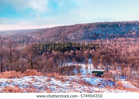 Winter landscape on a sunny day, Winter calm mountain landscape. Sigulda, Latvia,