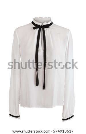 Elegant white blouse with frills around the collar and sleeves, isolated on white Royalty-Free Stock Photo #574913617