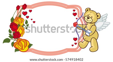 Color frame with roses and teddy bear with bow and wings, looks like a Cupid. Copy space. Raster clip art.