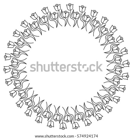 Elegant round frame with contours of flowers. Copy space. Vector clip art.