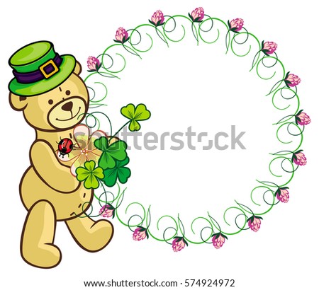 Clover frame and cute teddy bear in green hat. Copy space. Vector clip art.