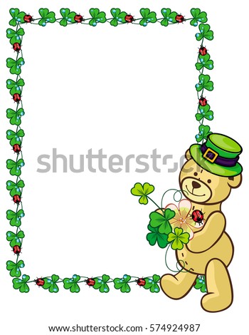 Clover frame and cute teddy bear in green hat. Copy space. Vector clip art.