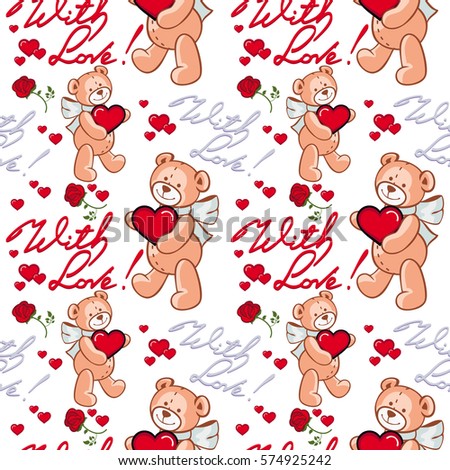 Seamless pattern with hearts and teddy bears. Raster clip art.