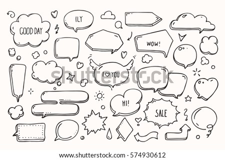 Think & talk speech bubbles with love message, greetings and sale ad. Artistic collection of hand drawn doodle style comic balloon, cloud, heart shaped design elements. Isolated vector set.