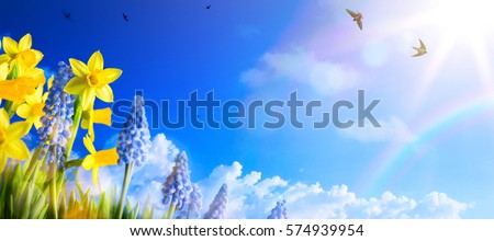 Happy Easter; Spring landscape background with fresh spring flowers
