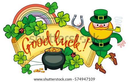 Holiday label with shamrock, rainbow, leprechaun and a pot of gold. St. Patrick Day background. Copy space. Vector clip art.