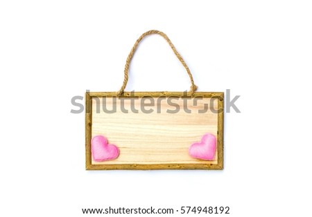 Hearts in wood sign hanging. Valentines day concept.