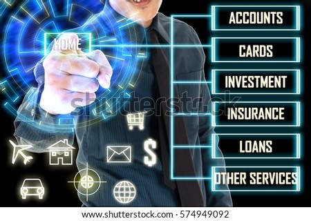 Business man touch a Home button on hologram screen. Online banking business finance concept. Money management concept.