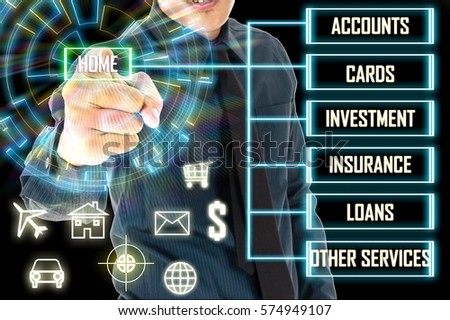 Business man touch a Home button on hologram screen. Online banking business finance concept. Money management concept.