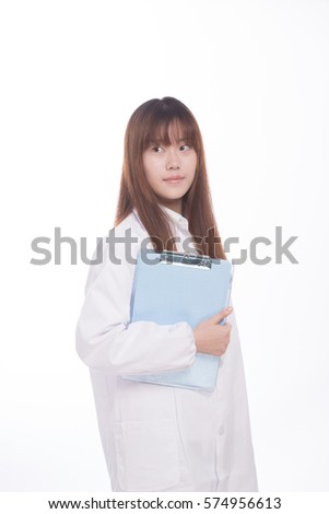 young asian woman plastic surgeon with clipboard on white background
