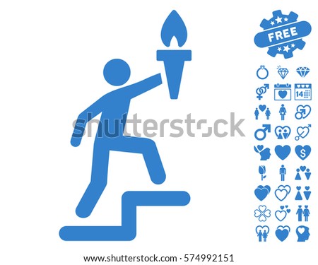 Climbing Leader With Torch icon with bonus lovely clip art. Vector illustration style is flat iconic cobalt symbols on white background.