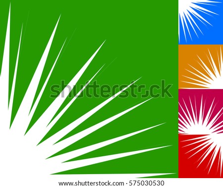 Starburst, sunburst background element in 5 color. Flash, blast shape with random, irregular lines. Vector illustration