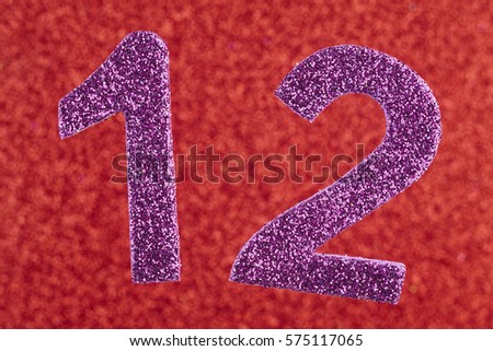 Number twelve purple color over a red background. Anniversary. Horizontal