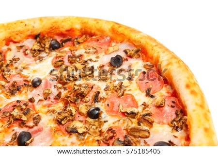 Delicious classic italian Pizza with spicy chicken, mushrooms and cheese isolated on white background