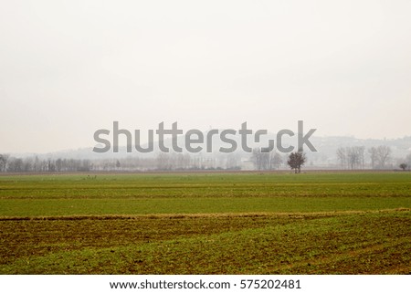 Empty winter fields with hills on the back, horizontal image