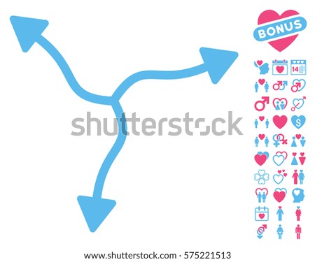 Curve Arrows pictograph with bonus love clip art. Vector illustration style is flat rounded iconic pink and blue symbols on white background.