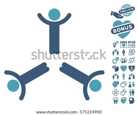 Hands Up Men pictograph with bonus love clip art. Vector illustration style is flat rounded iconic cyan and blue symbols on white background.
