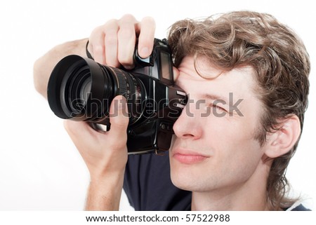 A man with a camera on a white background