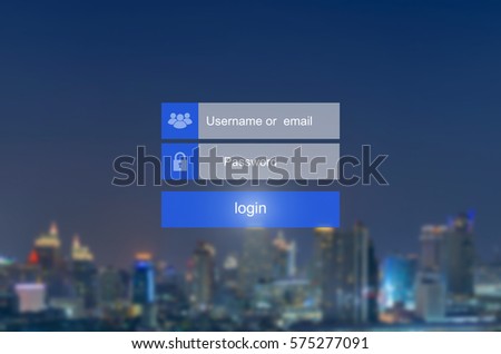 Login interface on touch screen. Touching login box, username and password inputs on virtual digital display on cityscape blurred background.