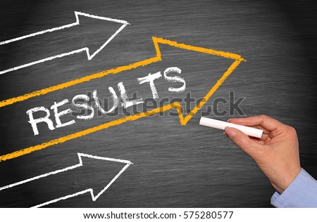 Results - arrows with text and female hand with chalk - outcome and summary Royalty-Free Stock Photo #575280577
