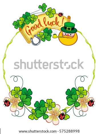 Funny round frame with shamrock, leprechaun and text "Good luck!". St. Patrick Day background. Copy space. Vector clip art.