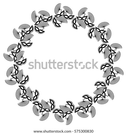 Silhouette round frame with carnival masks. Copy space. Raster clip art.