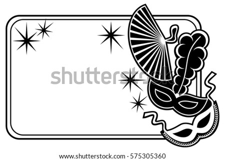 Silhouette  horizontal frame with carnival masks. Copy space. Raster clip art.