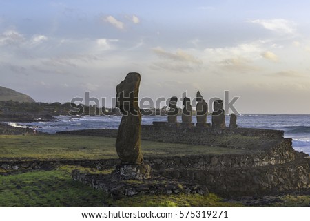 The Moai Statues of Ahu Ko Te Riku in Rapa Nui National Park on 