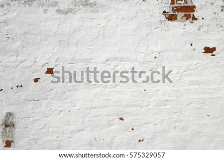 Red Wall Texture. Old White Shabby Brick Wall Horizontal Background. Brickwall Backdrop. White Red Stonewall Surface.Retro Grungy Wall. Red Brick Wall With White Uneven Stucco
