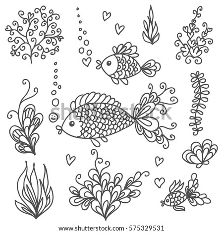 Set of underwater sea or ocean design elements. Cute fishes, algaes and bubbles