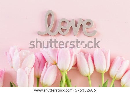 Bouquet of pink tulips on a pink background.