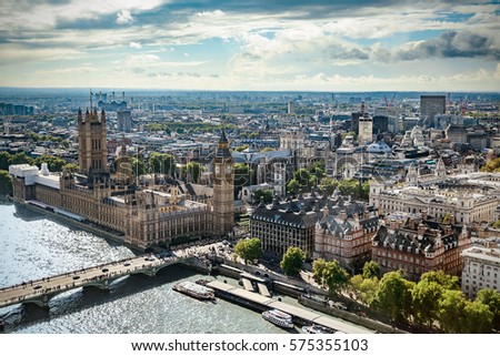 Aerial view of Big Ben, Parliament Building and Westminster Bridge on River Thames, London, UK, Europe