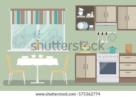 Kitchen in a green color. There is a beige furniture, a stove, a table with chairs, a window and other objects in the picture. Vector flat illustration