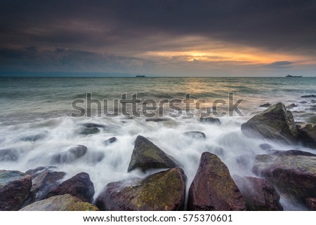Beautiful view of beach or sea side with amazing waves at Pantai Acheh, Pulau Indah, Klang, Malaysia