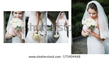 Four-in-one picture of stunning bride posing with wedding bouquet made of white roses