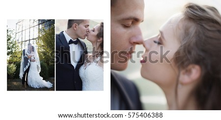 Three-in-one picture of gorgeous wedding couple kissing tender