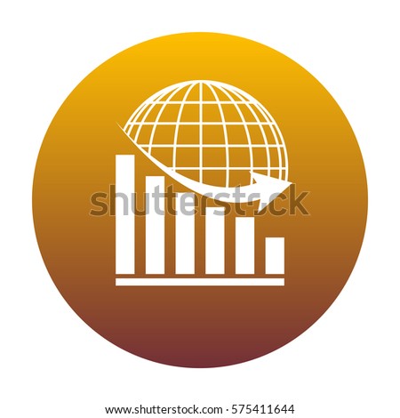 Declining graph with earth. White icon in circle with golden gradient as background. Isolated.