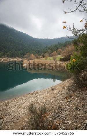 Autumn landscape with yellow leaves and green waters of lake Tsivlos, Peloponnese, Greece