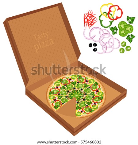 Delicious pizza in a cardboard box with the ingredients.