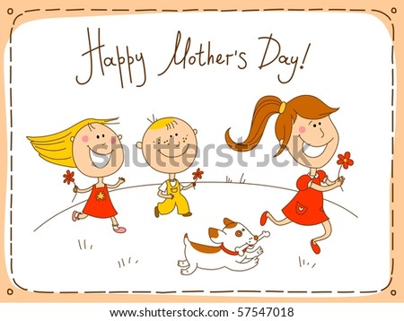 Three children with flowers running to congratulate their mum. The pet running with a bone in a teeth.